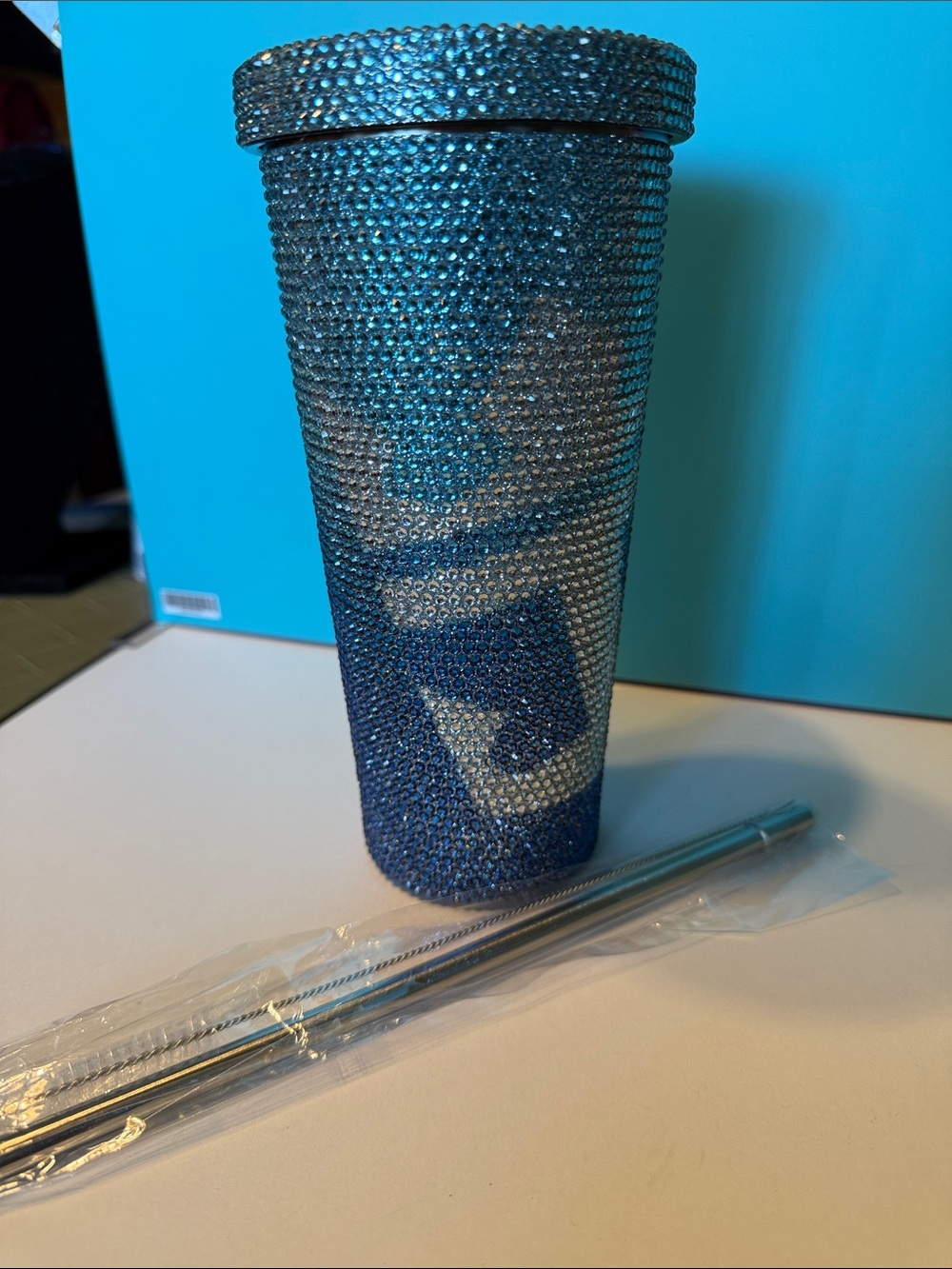 Blue Rhinestone Tumbler with Matching Straw - Sparkling Home Accent